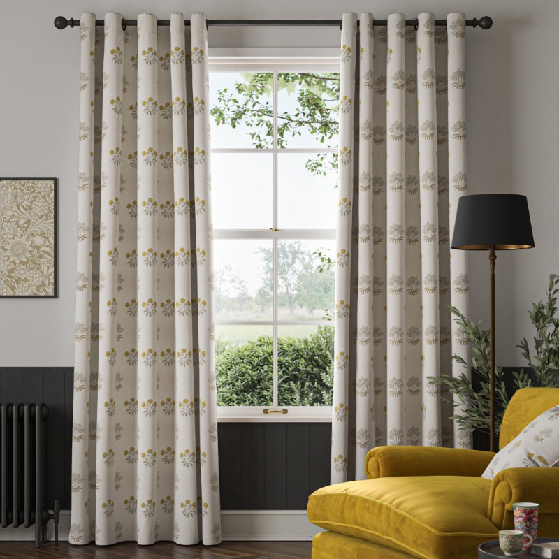 William Morris Lily Flower Embroidery Ochre Curtain