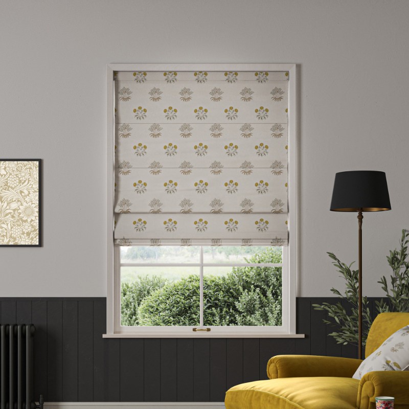 William Morris Lily Flower Embroidery Ochre Roman Blind