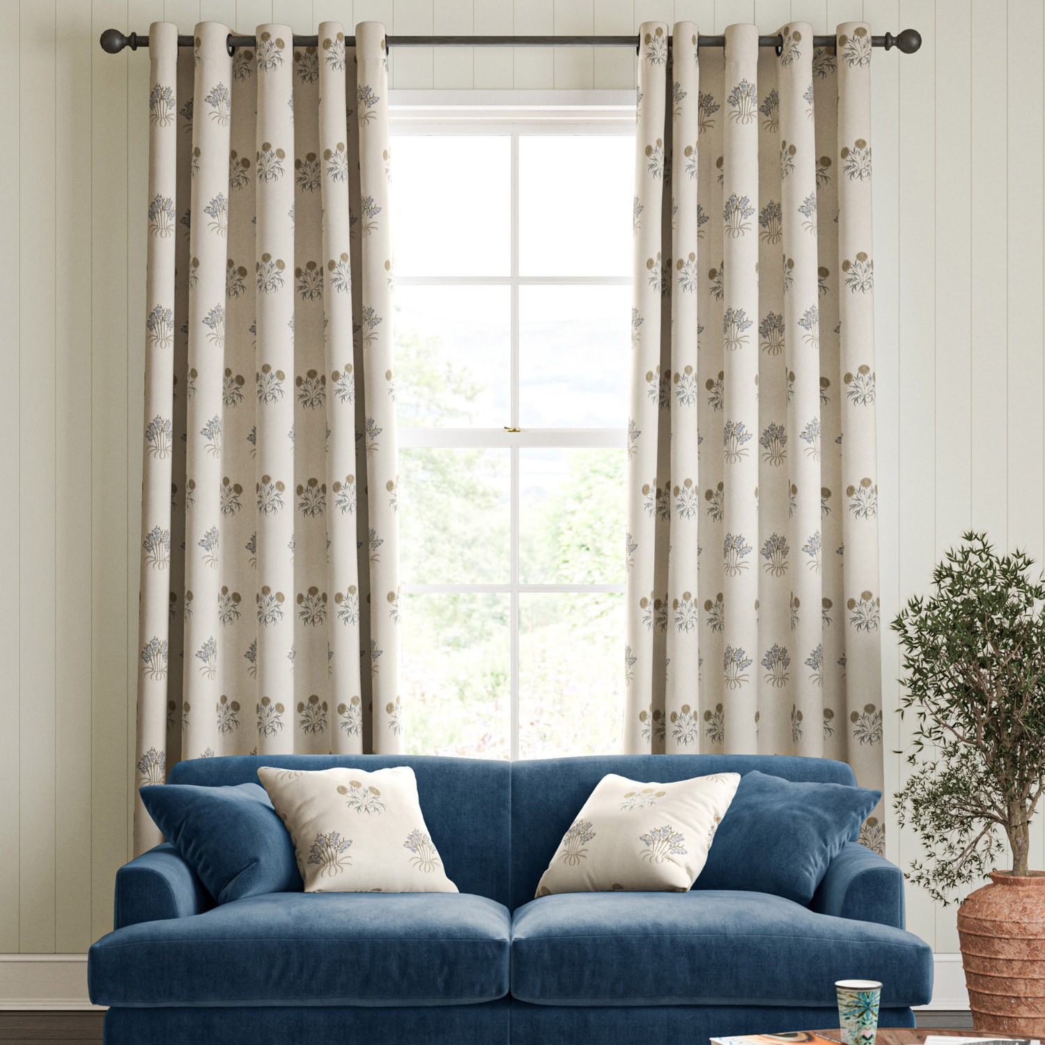William Morris Lily Flower Embroidery Woad Curtain