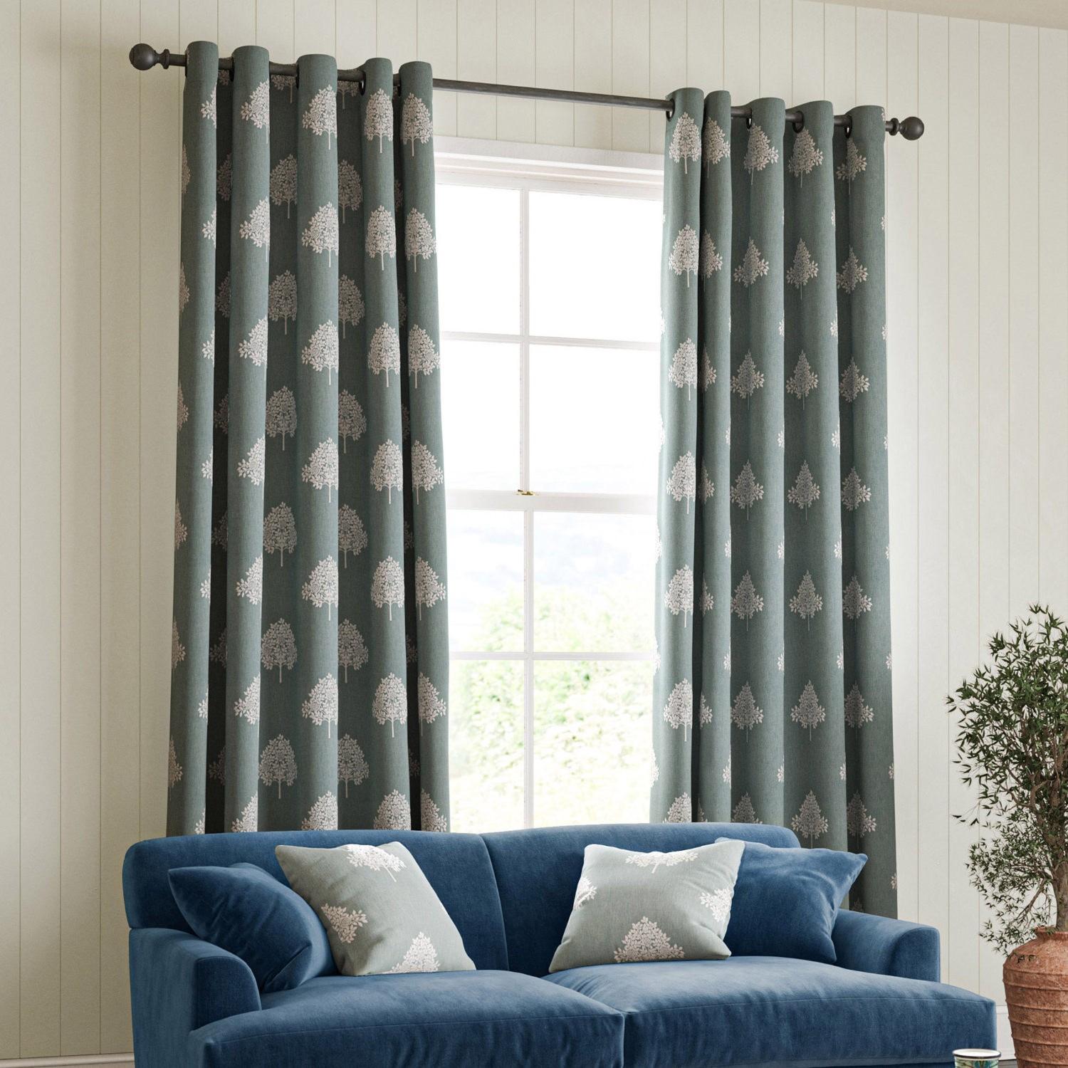 William Morris Marigold Tree Embroidery Woad Curtain