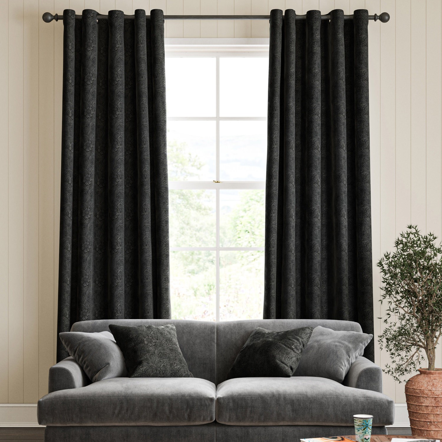 William Morris Marigold Velvet Charcoal Curtain