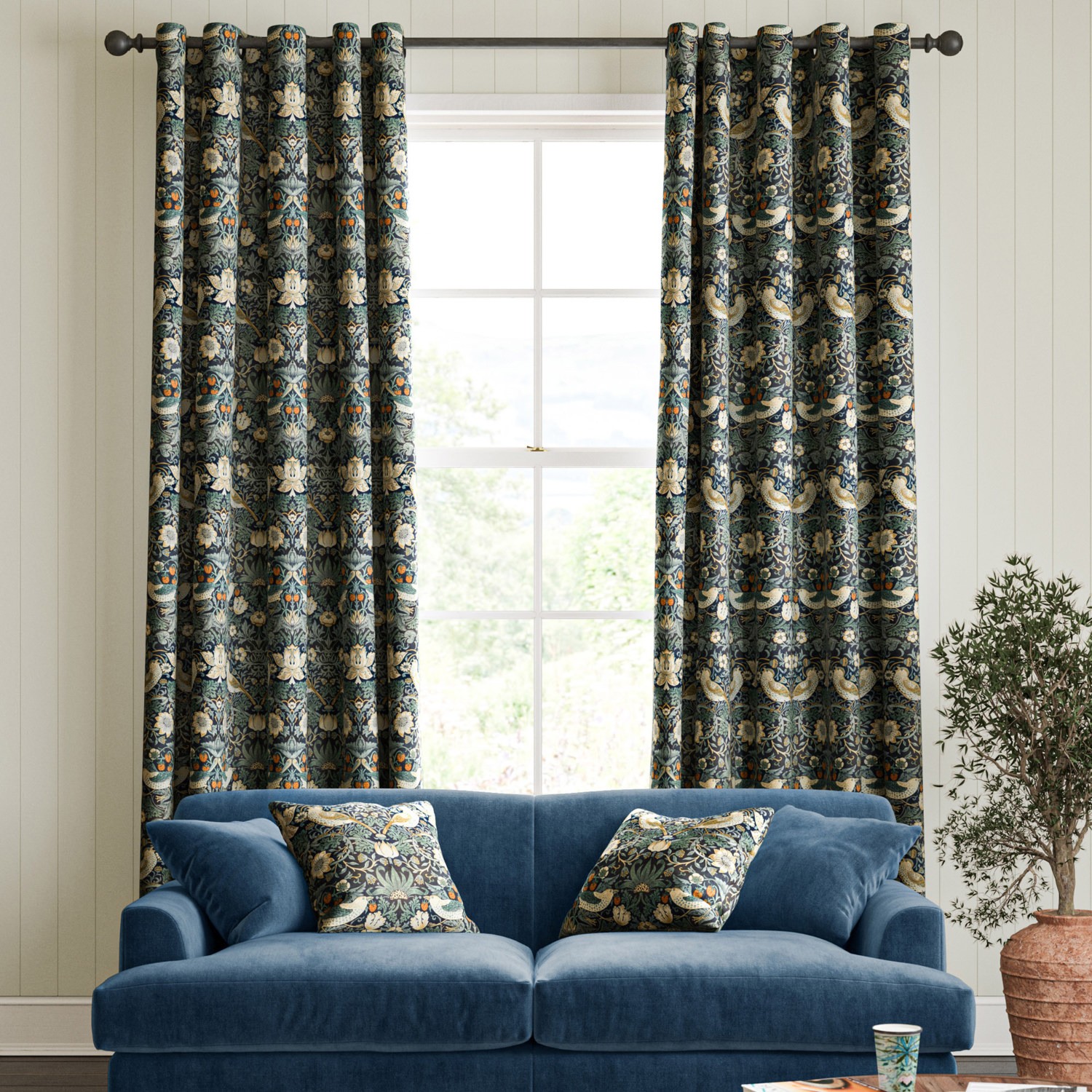 William Morris Strawberry Thief Velvet Indigo Curtains