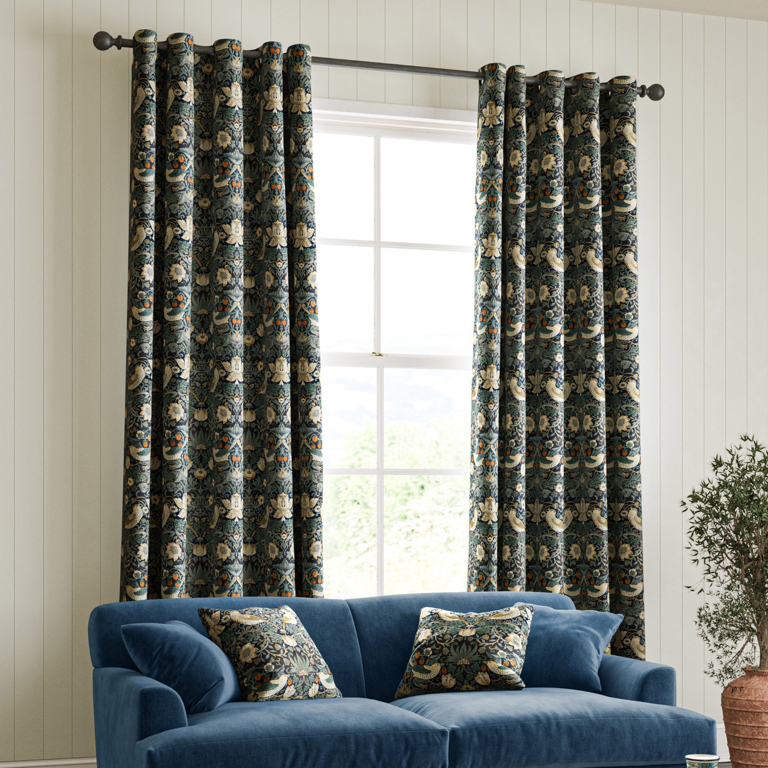 William Morris Strawberry Thief Velvet Indigo Curtain