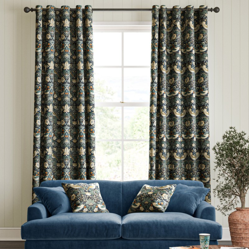 William Morris Strawberry Thief Velvet Indigo Curtain