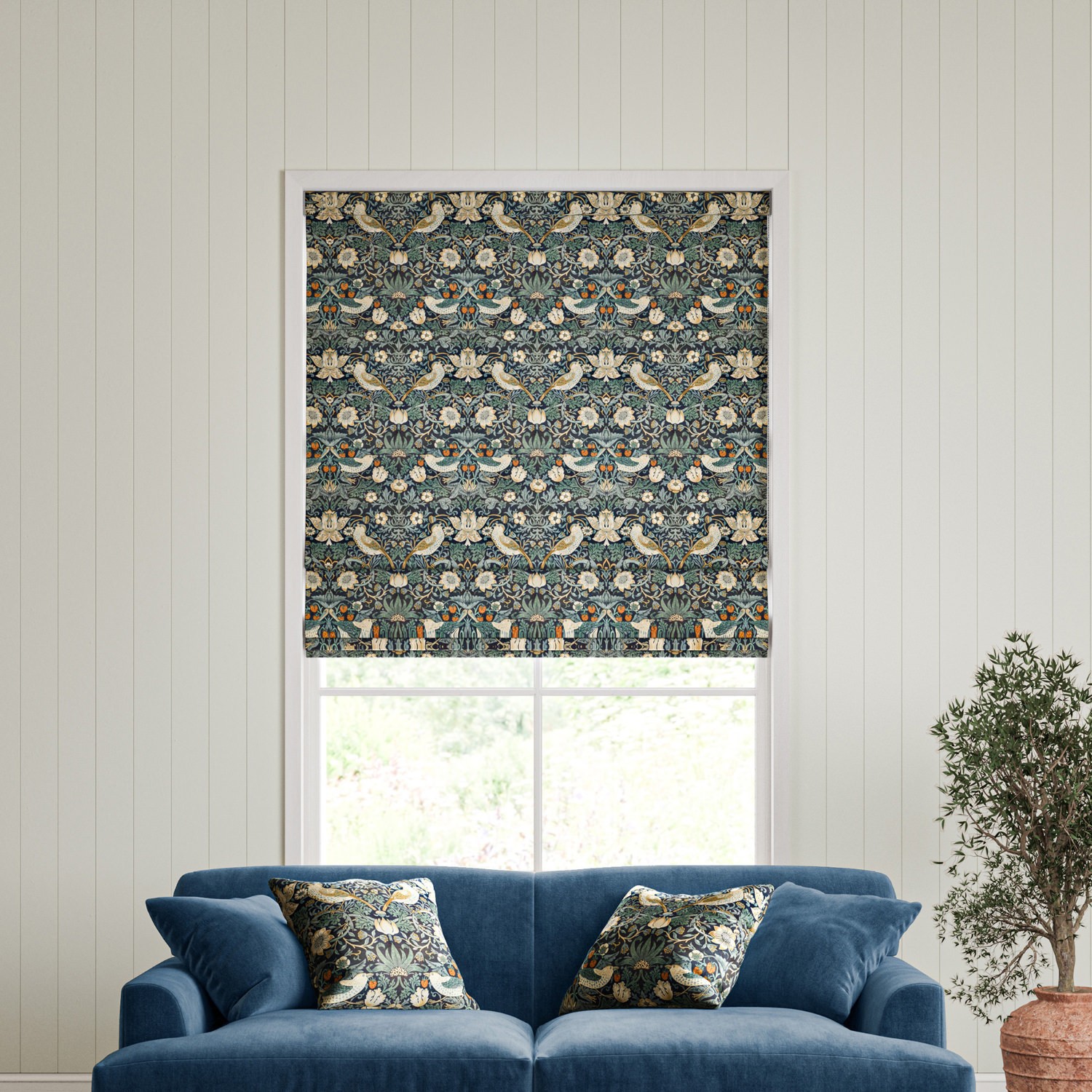 William Morris Strawberry Thief Velvet Indigo Roman Blind